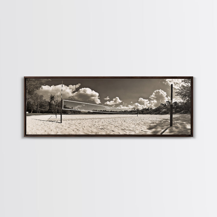 Beach Volleyball, Sand Court, Summer Fun, Tropical Clouds, Framed Canvas Print, Sports Room Wall Art, Coastal Decor, Sepia Beach Art