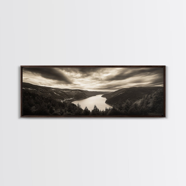 River Valley View, Dramatic Sky, Forest Landscape, Framed Canvas Print, Nature Photography, Entryway Wall Art, Moody Earth Tones