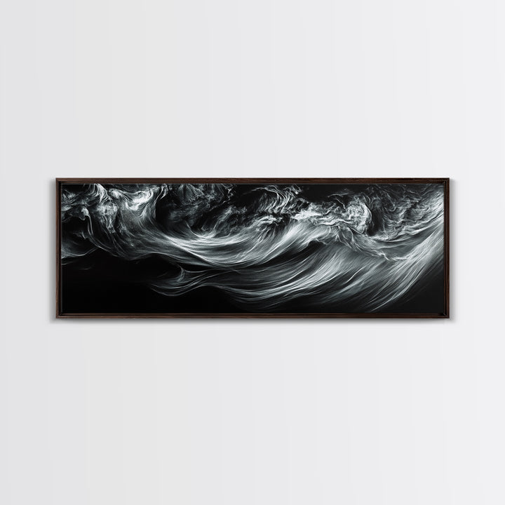 Abstract Ocean Waves, Motion Energy Art, Black and White Fluid Lines, Framed Canvas Print, Modern Wall Art, Minimalist Living Room