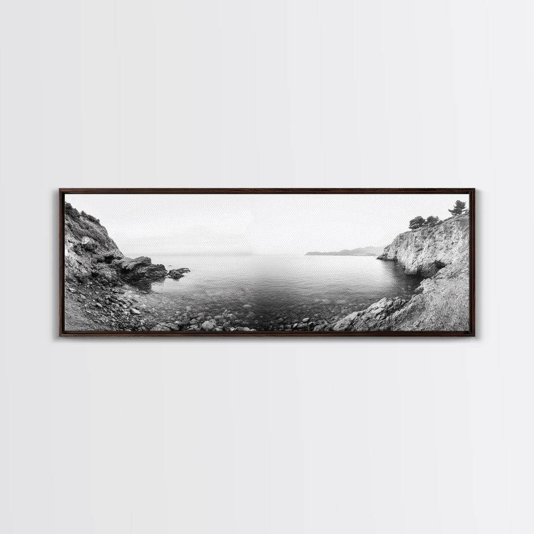 Rocky Coastline, Minimalist Seascape, Black and White Shoreline, Framed Canvas Print, Coastal Wall Art, Bathroom or Hallway Decor