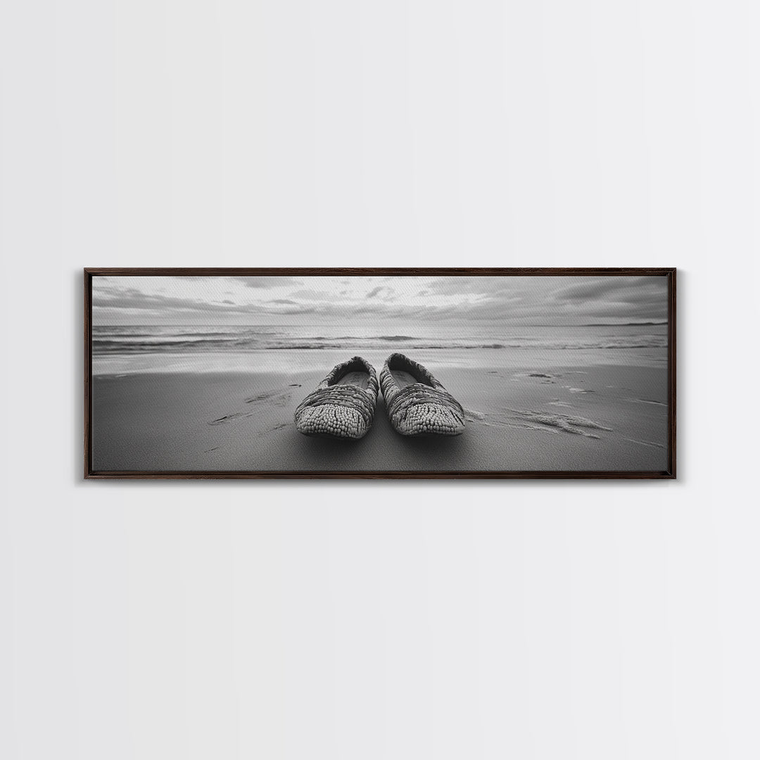 Woven Shoes, Coastal Walk, Ocean Breeze, Boho Style, Framed Canvas Print, Entryway Wall Art, Minimalist Beach Art, Seashore Photography