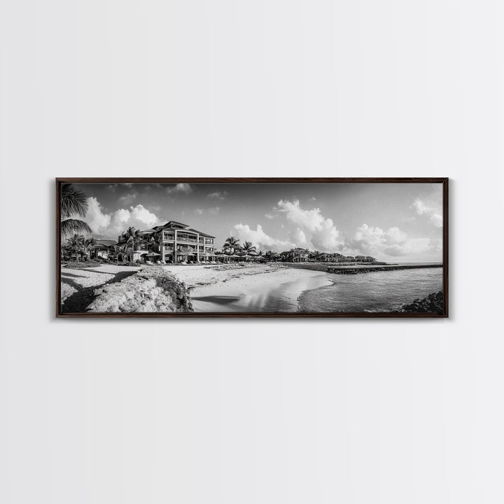 Beach Resort, Tropical Luxury, Oceanfront Hotel Art, Framed Canvas Print, Vacation Vibes, Bedroom Wall Art, Monochrome Decor