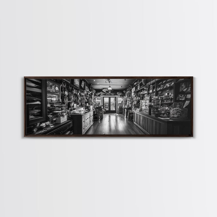 Vintage Shop, Curio Store, Rustic Nostalgia, Framed Canvas Print, Eclectic Wall Art, Bar Decor, Moody Retro Interior Accent