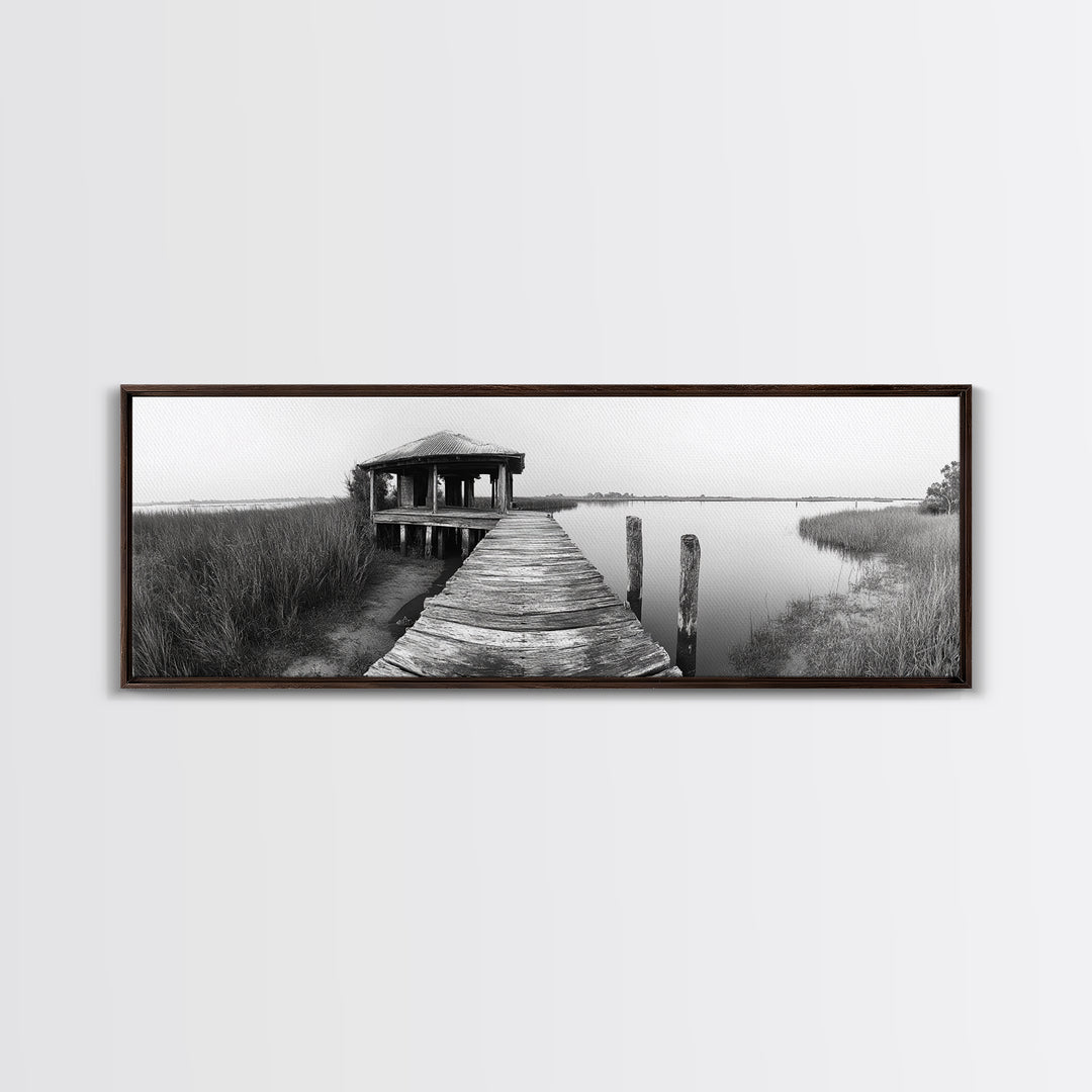 Abandoned Pier, Lakeside Shack, Black and White Marsh, Framed Canvas Print, Rustic Entryway Art, Minimalist Coastal Cabin Decor
