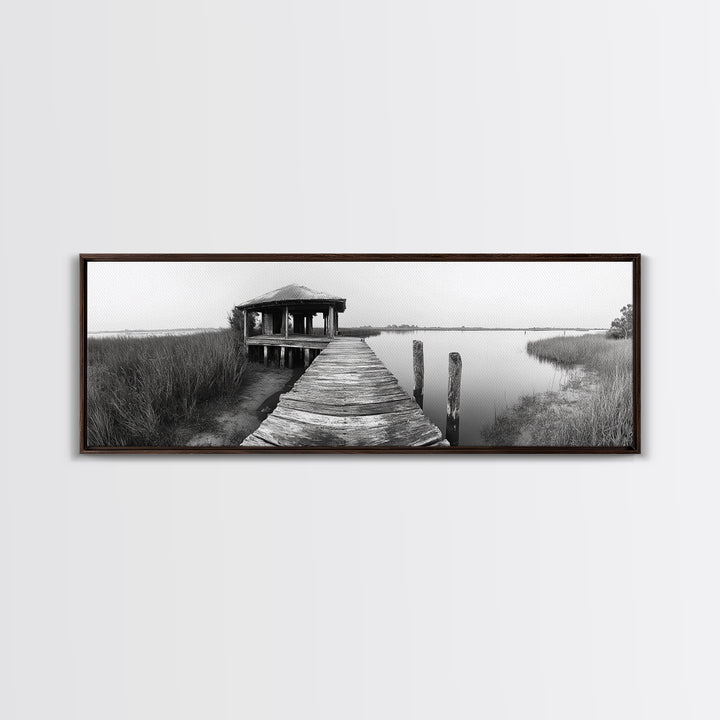 Abandoned Pier, Lakeside Shack, Black and White Marsh, Framed Canvas Print, Rustic Entryway Art, Minimalist Coastal Cabin Decor