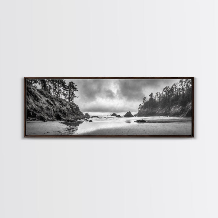 Misty Coastline, Dramatic Shore, Moody Ocean Scene, Framed Canvas Print, Coastal Living Room Art, Black and White Nature Decor