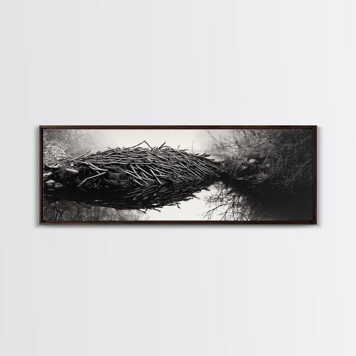 Beaver Dam, Nature Structure, Quiet Creek, Reflection Art, Framed Canvas Print, Cabin Wall Art, Rustic Decor, Woodland Black and White Art