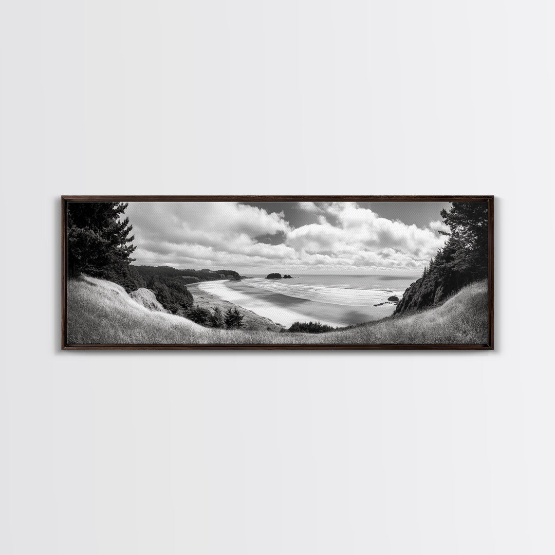 Ocean Bluff View, Seaside Hills, Coastal Forest Horizon, Framed Canvas Print, Nature Landscape Art, Living Room or Office Decor