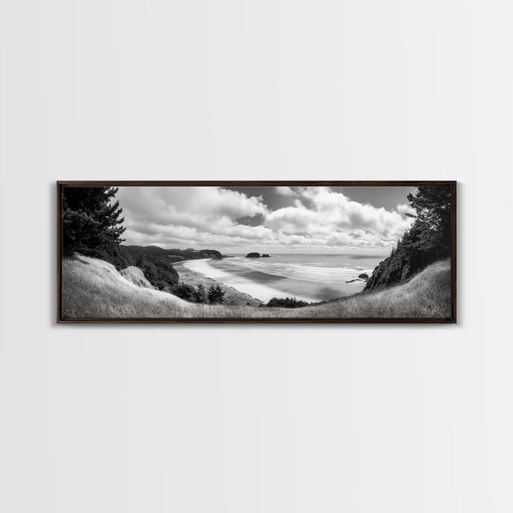 Ocean Bluff View, Seaside Hills, Coastal Forest Horizon, Framed Canvas Print, Nature Landscape Art, Living Room or Office Decor