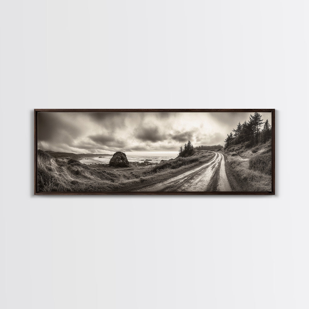 Coastal Road Journey, Overcast Ocean View, Scenic Drive Art, Framed Canvas Print, Fall Landscape Wall Art, Nature Lover, Living Room Decor