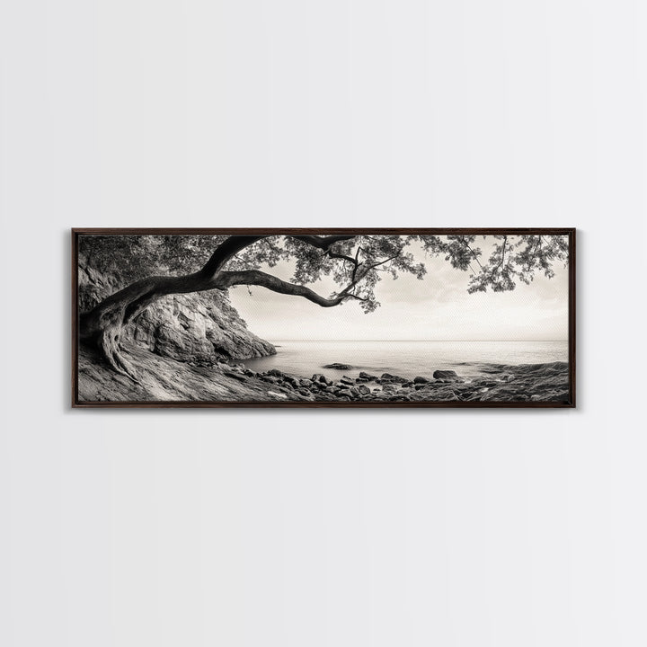 Tree By The Sea, Ocean Cliff, Black And White Nature, Framed Canvas Print, Coastal Wall Decor, Minimalist Art, Tranquil Bedroom Print