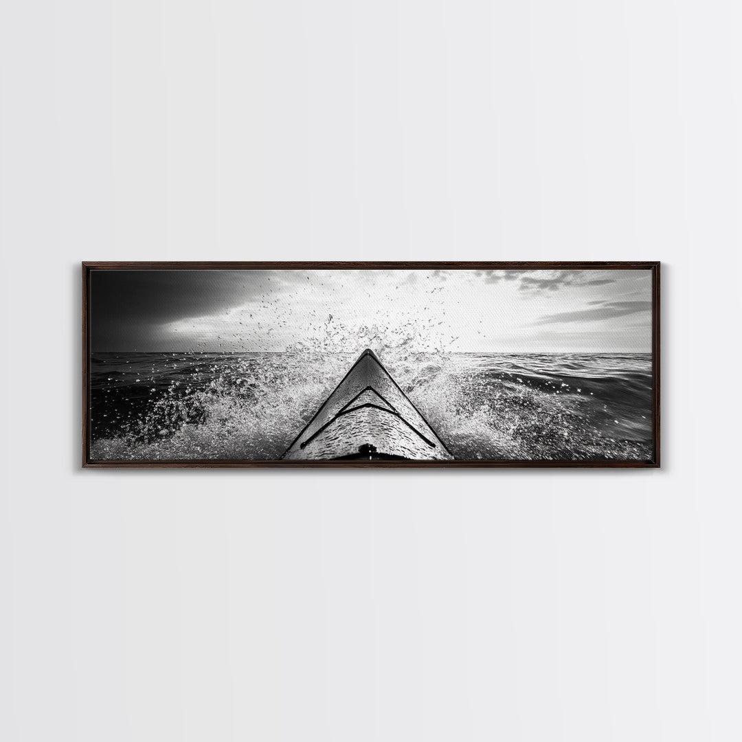 Ocean Kayak Splash, Adventure Wall Art, Ocean Motion, Black And White Canvas Print, Modern Decor, Nautical Style, Sports Lover Gift