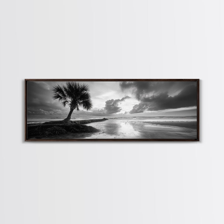 Solitary Palm Tree, Ocean Storm, Moody Landscape, Beach Wall Decor, Framed Canvas Print, Coastal Living Room Art, Monochrome Photography