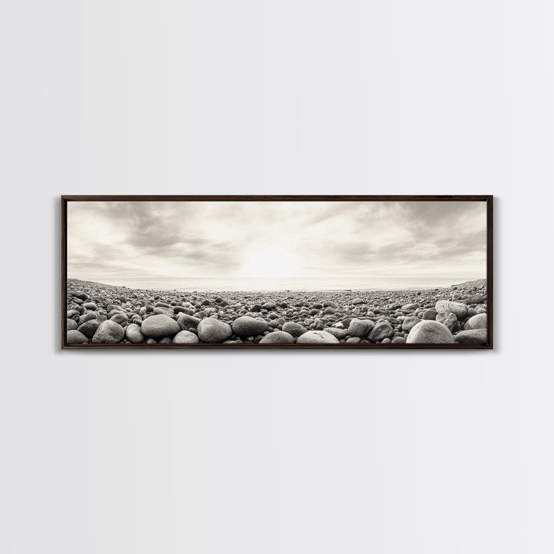 Pebble Shoreline, Soft Horizon, Beach Sunrise, Calm Coastal Decor, Framed Canvas Print, Neutral Tones, Bedroom Wall Art, Nature Minimalism