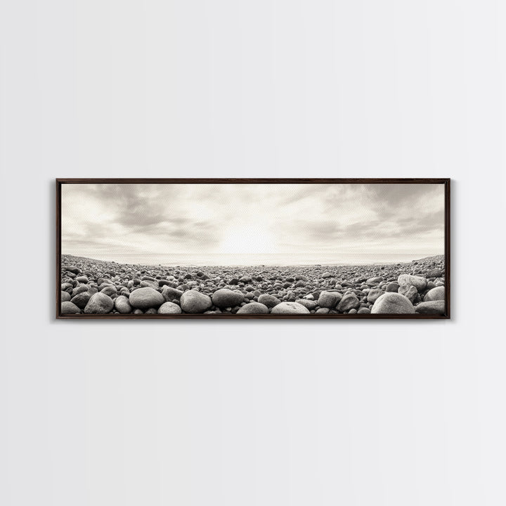 Pebble Shoreline, Soft Horizon, Beach Sunrise, Calm Coastal Decor, Framed Canvas Print, Neutral Tones, Bedroom Wall Art, Nature Minimalism