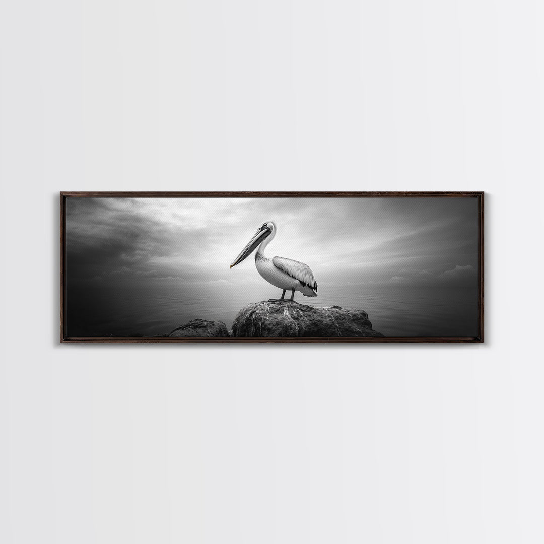 Coastal Pelican, Ocean Rock, Tranquil Wildlife Scene, Framed Canvas Print, Beach House Wall Art, Seaside Nature Decor, Moody Tones