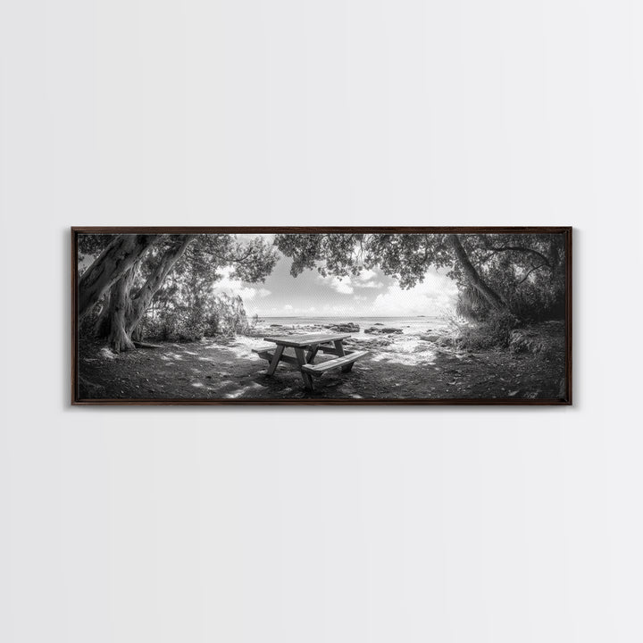 Secluded Picnic Spot, Ocean View, Tranquil Escape, Nature Sanctuary Art, Framed Canvas Print, Kitchen Wall Decor, Coastal Forest Vibe
