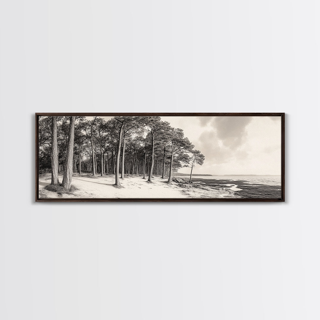 Pine Forest Coast, Tranquil Wilderness, Shoreline Trees, Earthy Coastal Scene, Framed Canvas Print, Rustic Wall Art, Autumn Cabin Decor