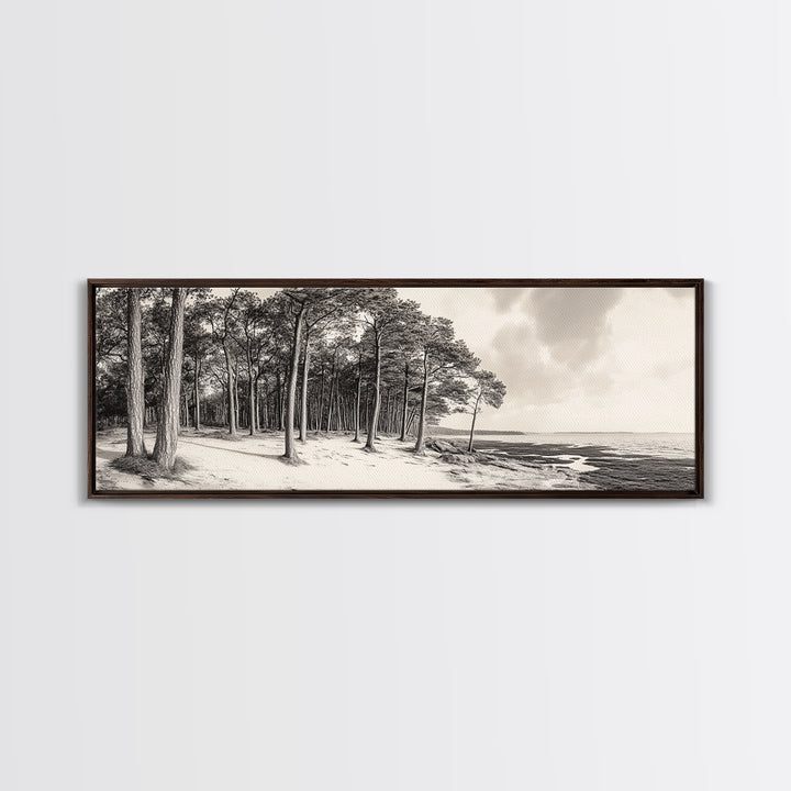 Pine Forest Coast, Tranquil Wilderness, Shoreline Trees, Earthy Coastal Scene, Framed Canvas Print, Rustic Wall Art, Autumn Cabin Decor