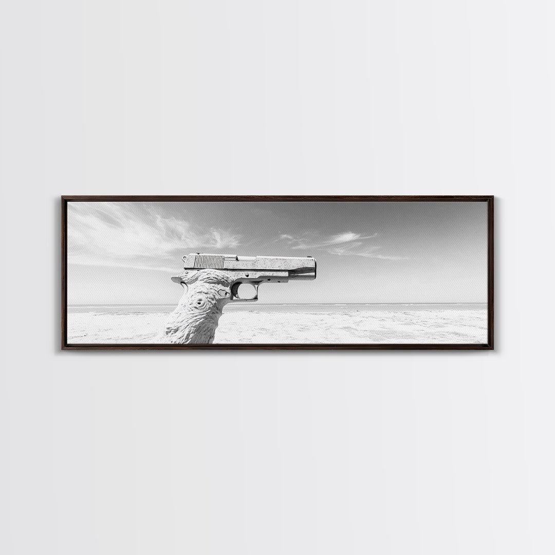 Desert Gun, Driftwood Grip, Coastal Surreal, Canvas Print, Minimalist Wall Art, Western Decor, Modern Living Room Art, Black and White Photo