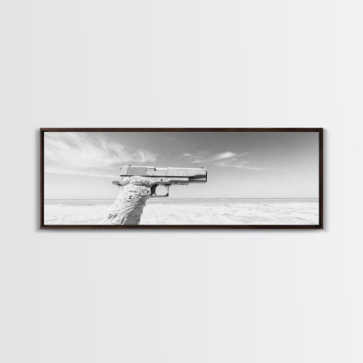 Desert Gun, Driftwood Grip, Coastal Surreal, Canvas Print, Minimalist Wall Art, Western Decor, Modern Living Room Art, Black and White Photo