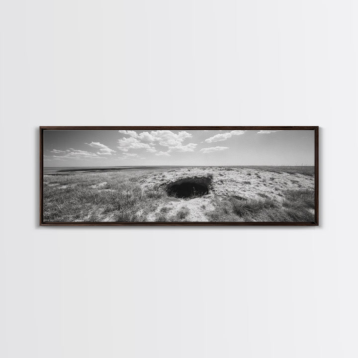 Prairie Cave, Windy Plains, Nature Escape, Canvas Print, Rustic Wall Art, Earthy Decor, Bedroom Accent, Black and White Landscape
