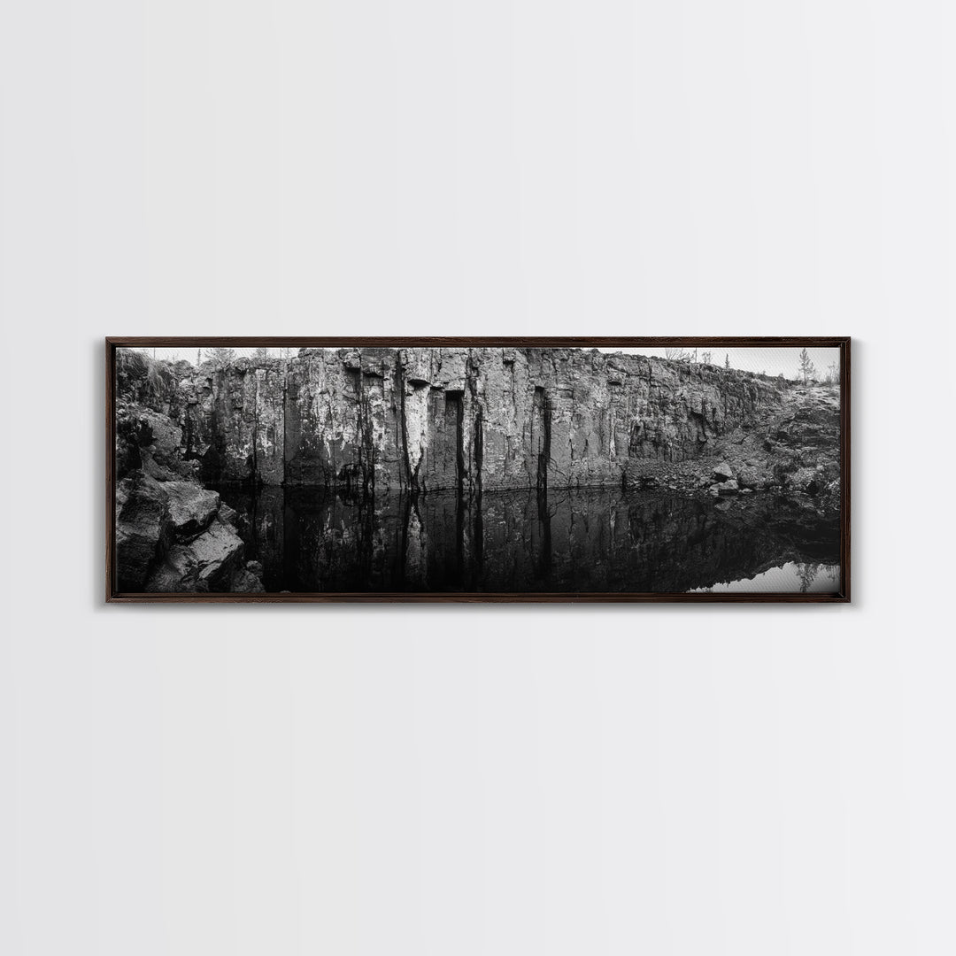 Quarry Wall, Rocky Cliff, Natural Reflection, Still Water, Framed Canvas Print, Industrial Wall Art, Man Cave Decor, Rustic Landscape Art