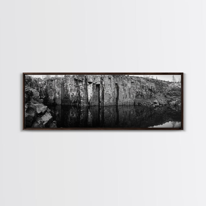 Quarry Wall, Rocky Cliff, Natural Reflection, Still Water, Framed Canvas Print, Industrial Wall Art, Man Cave Decor, Rustic Landscape Art