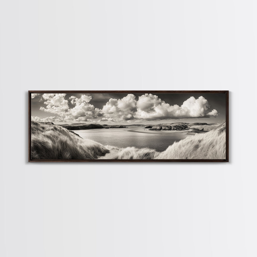 Misty Lake, Peaceful Shore, Cloud Reflections, Canvas Print, Black and White Nature Art, Coastal Landscape, Bedroom Wall Art, Minimalist Decor