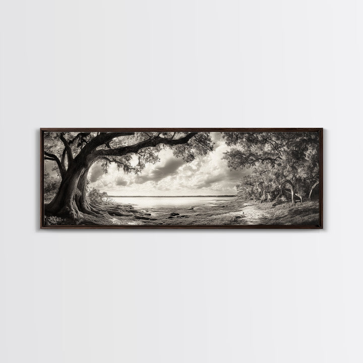 Ancient Tree, Spanish Moss, Forest Path, Framed Canvas Print, Rustic Nature Art, Living Room Wall Art, Earthy Tones, Woodland Photography