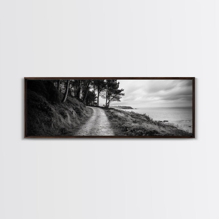 Coastal Trail, Forest Edge, Serene Path, Canvas Print, Black and White Nature Art, Entryway Wall Art, Tranquil Landscape, Moody Decor