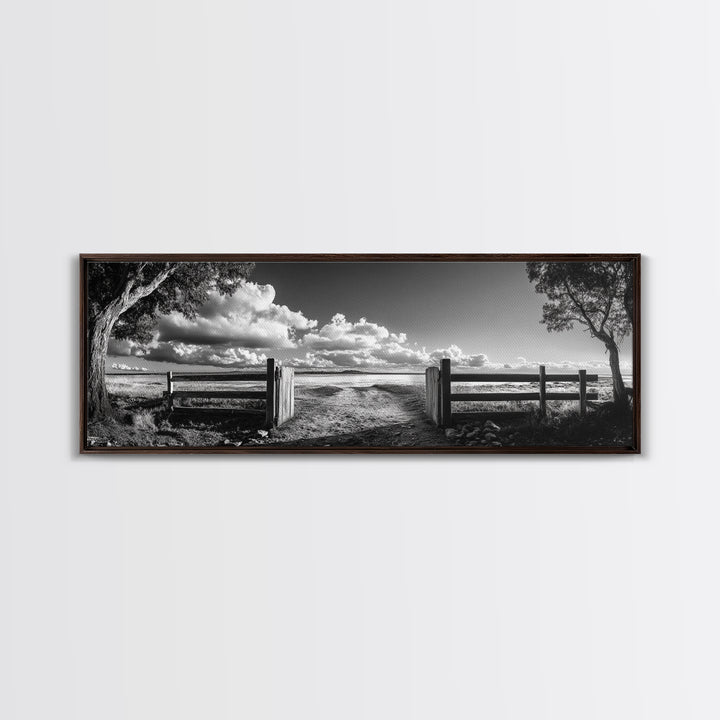 Wooden Fence, Open Field, Cloud Horizon, Framed Canvas Print, Country Landscape Photography, Entryway Wall Art, Farmhouse Autumn Decor