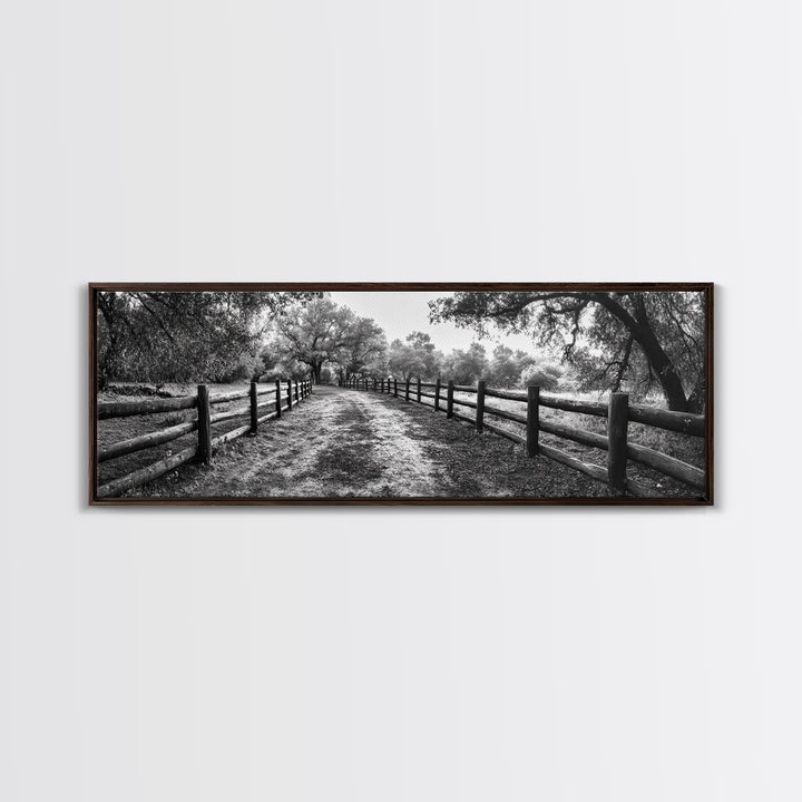 Tree Tunnel, Country Path, Fence Shadows, Framed Canvas Print, Black and White Nature Art, Rustic Wall Art, Autumn Entryway Decor