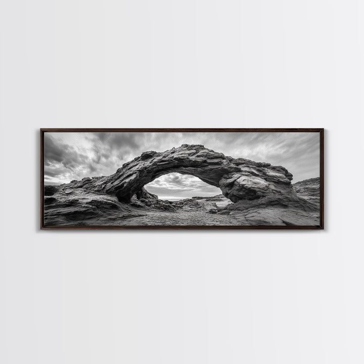 Rock Arch Landscape, Desert Formations, Dramatic Sky, Framed Canvas Print, Living Room Wall Art, Nature Inspired Decor, Monochrome Vibe