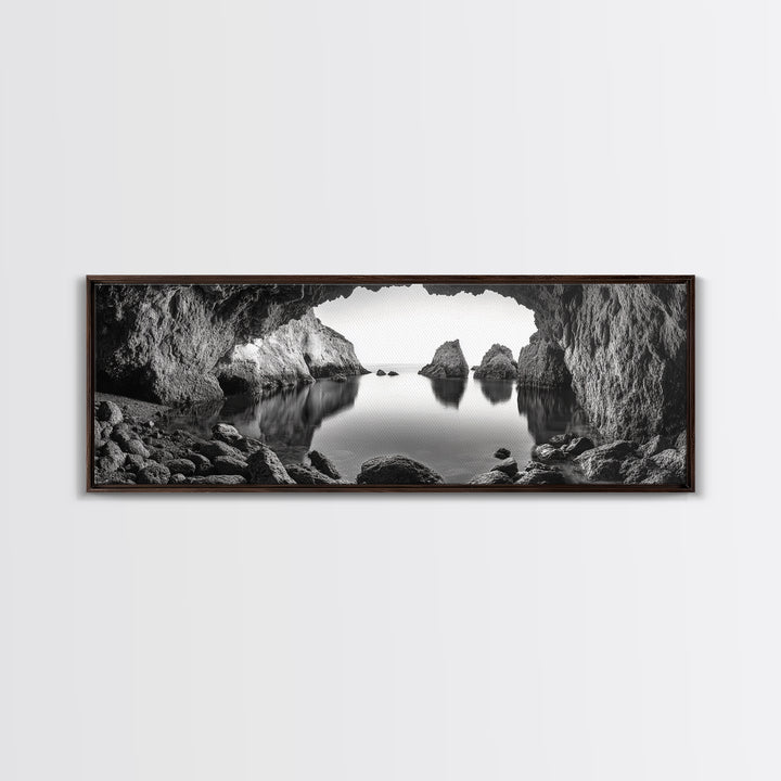 Sea Cave View, Ocean Reflections, Nature Escape, Framed Canvas Print, Beach House Wall Art, Zen Decor, Black and White Coastal Style