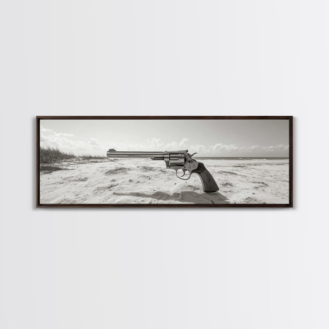 Revolver On Beach, Western Vibes, Americana Style, Framed Canvas Print, Man Cave Wall Art, Bold Statement Decor, Coastal Contrast