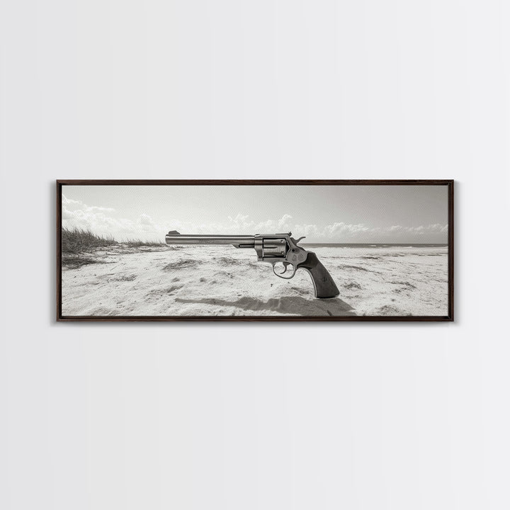 Revolver On Beach, Western Vibes, Americana Style, Framed Canvas Print, Man Cave Wall Art, Bold Statement Decor, Coastal Contrast