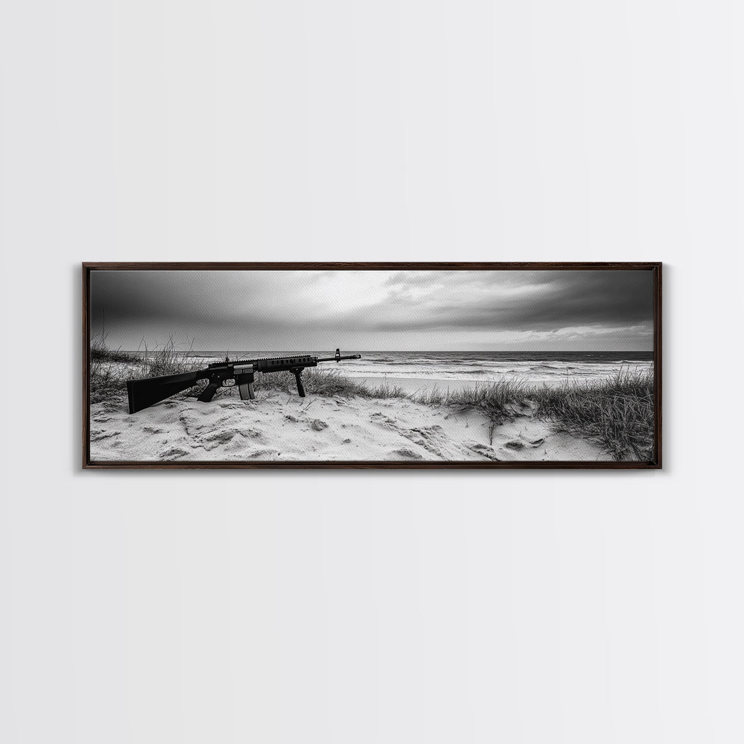 Rifle Seaside Scene, Tactical Still Life, Stormy Beach Mood, Canvas Print, Industrial Wall Art, Dramatic Photography, Masculine Decor