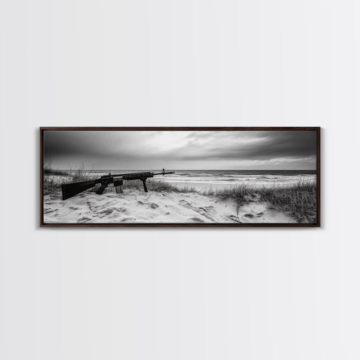Rifle Seaside Scene, Tactical Still Life, Stormy Beach Mood, Canvas Print, Industrial Wall Art, Dramatic Photography, Masculine Decor