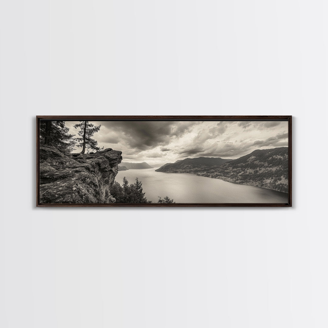River Cliff View, Forested Mountains, Timeless Horizon, Framed Canvas Print, Living Room Wall Art, Cabin Rustic Decor, Moody Nature Art
