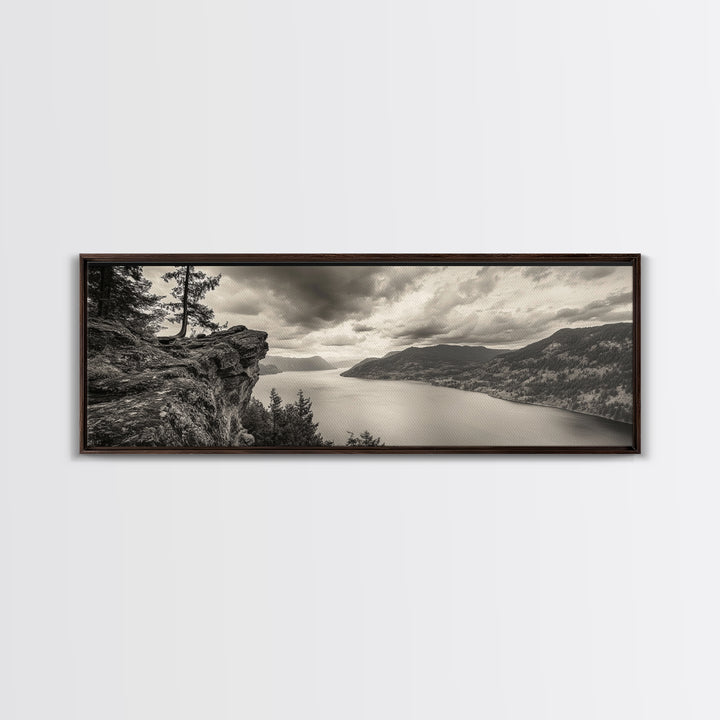 River Cliff View, Forested Mountains, Timeless Horizon, Framed Canvas Print, Living Room Wall Art, Cabin Rustic Decor, Moody Nature Art