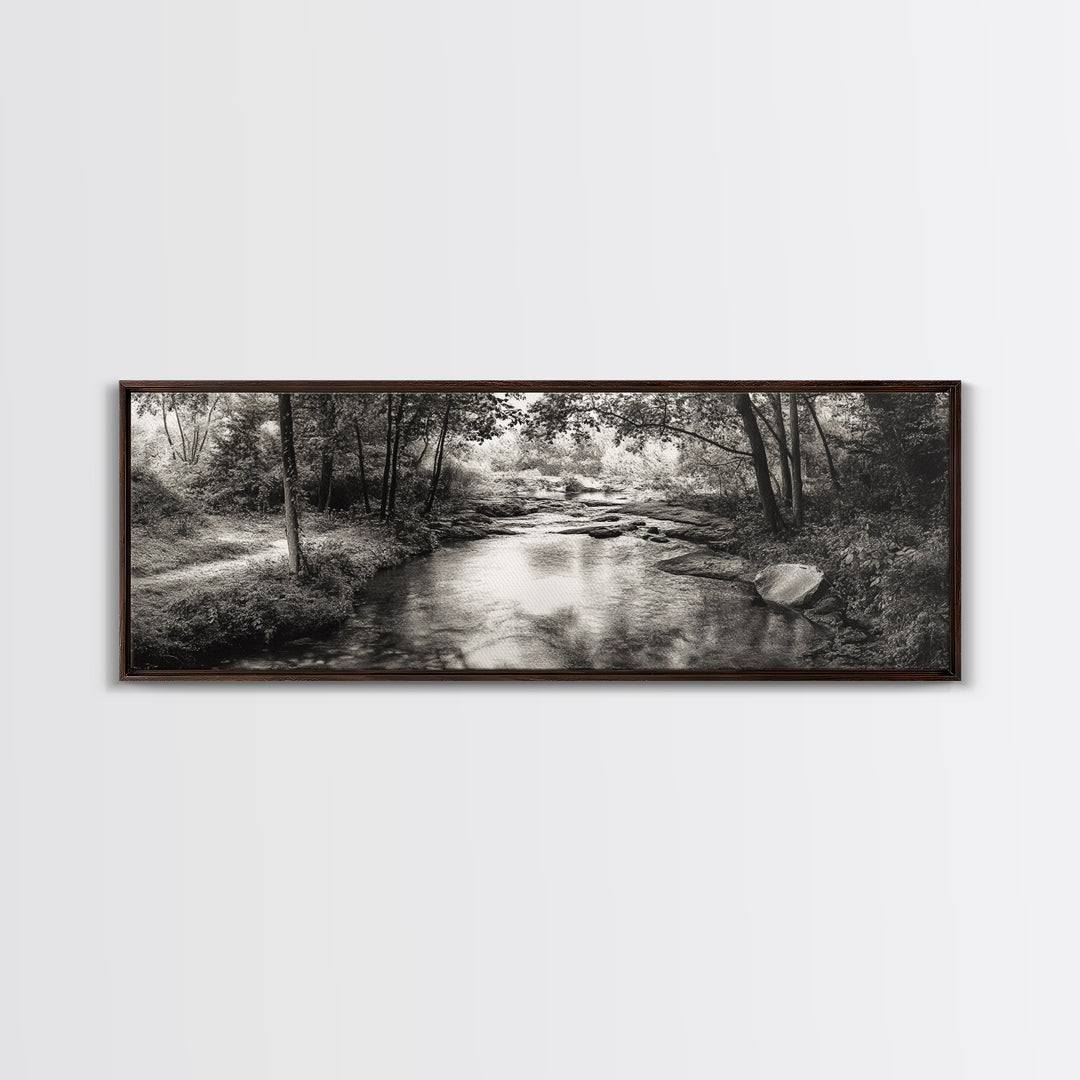 Woodland Creek Flow, Sepia Landscape Scene, Peaceful Forest Art, Canvas Print, Autumn Wall Decor, Rustic Living Room Artwork