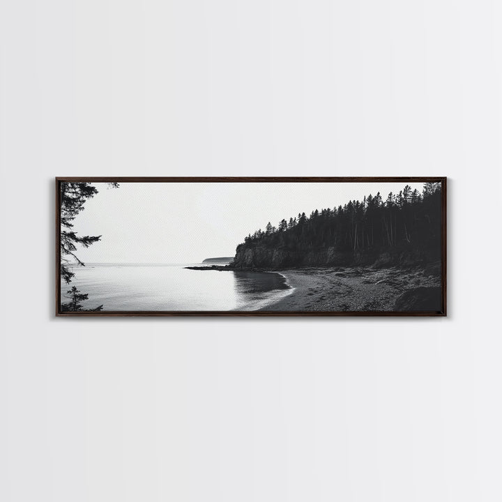 Forest Cliffs, Quiet Bay, Monochrome Coast, Canvas Print, Nature Photography, Modern Rustic Wall Art, Entryway or Office Decor
