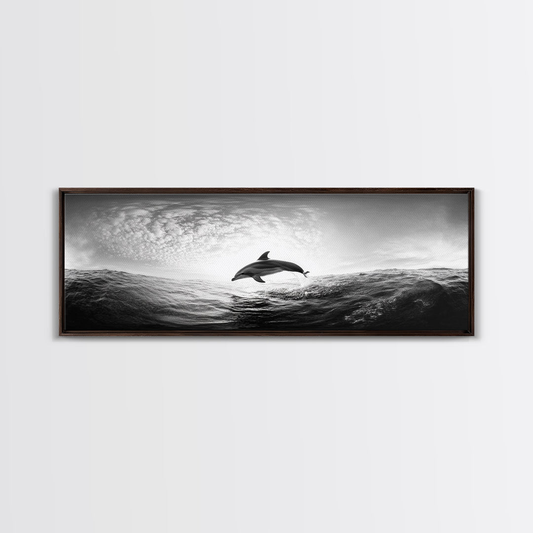 Ocean Dolphin Jump, Seascape Art, Black White Photography, Coastal Wall Decor, Canvas Print, Minimalist Bathroom Wall Art, Nautical Style