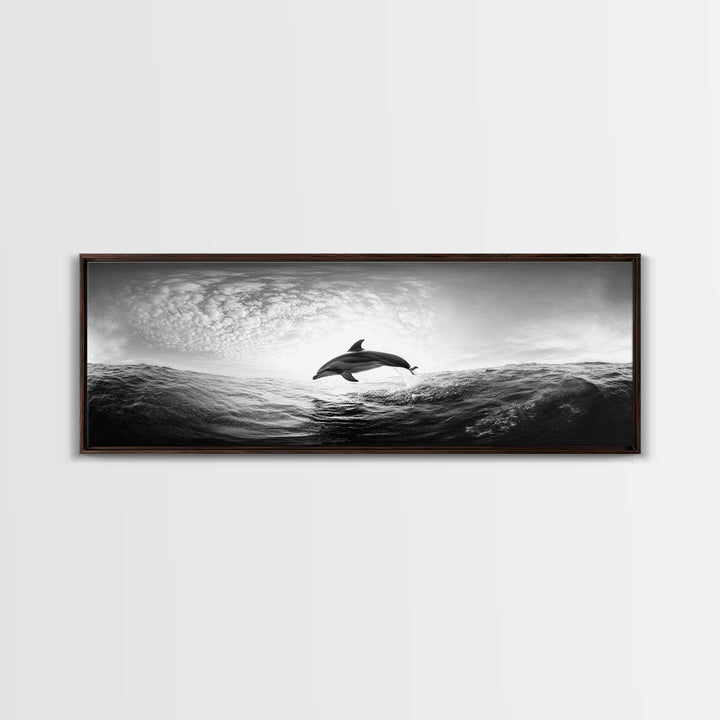 Ocean Dolphin Jump, Seascape Art, Black White Photography, Coastal Wall Decor, Canvas Print, Minimalist Bathroom Wall Art, Nautical Style