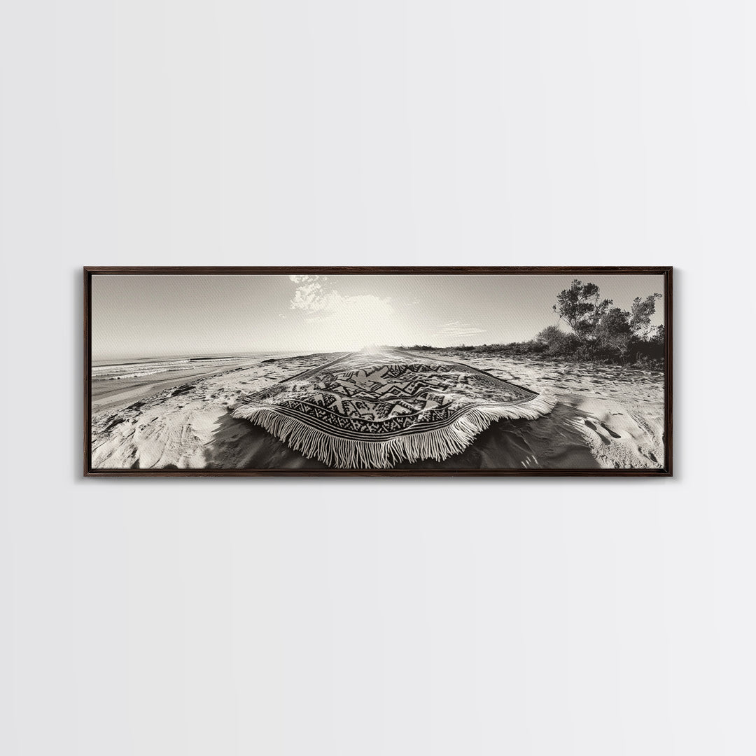 Boho Blanket, Sunrise Beach, Woven Textile, Framed Canvas Print, Bohemian Wall Art, Minimalist Bedroom Decor, Coastal Living Style