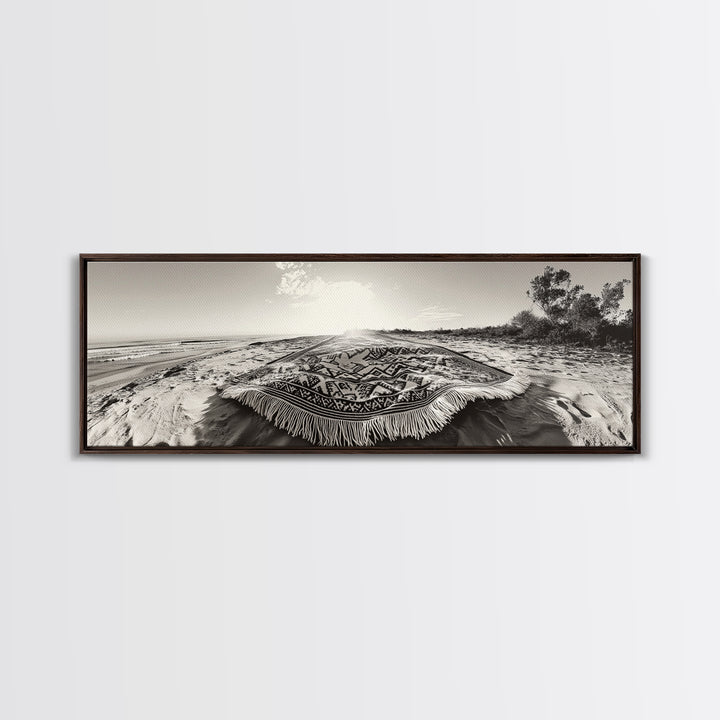 Boho Blanket, Sunrise Beach, Woven Textile, Framed Canvas Print, Bohemian Wall Art, Minimalist Bedroom Decor, Coastal Living Style