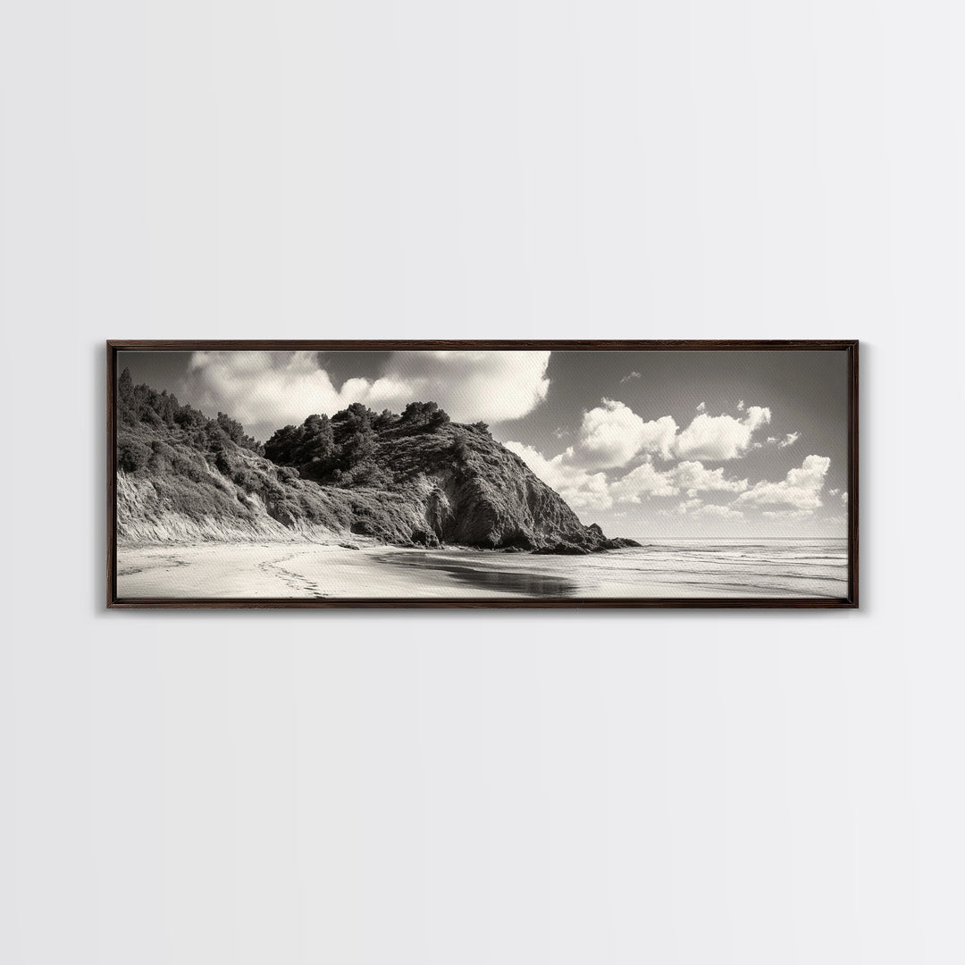 Seaside Cliff, Pine Hills, Sandy Beach, Canvas Print, Coastal Landscape Art, Modern Nature Decor, Beach House Living Room Style