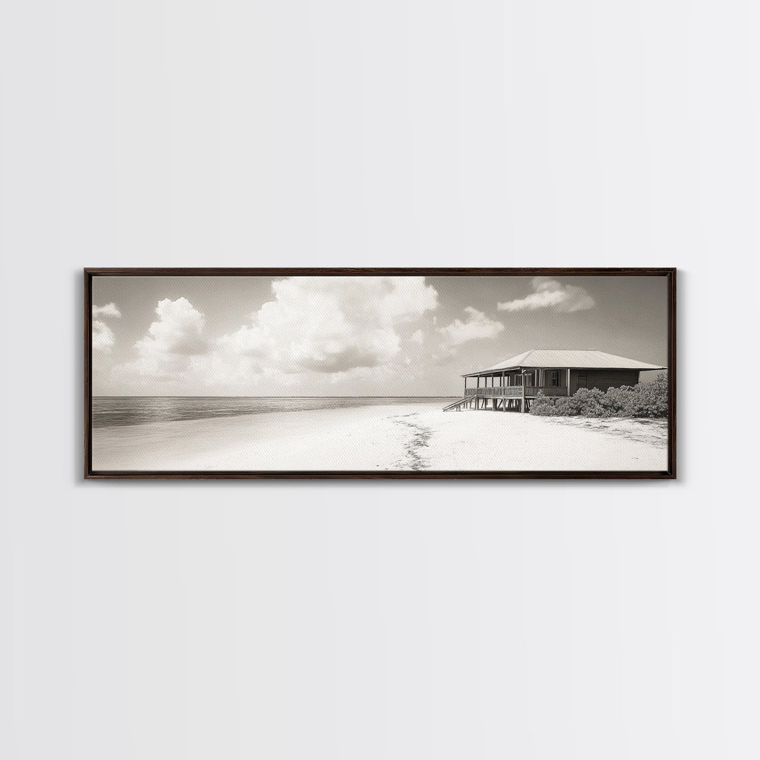 Beach House, Secluded Shore, Calm Waters, Framed Canvas Print, Coastal Wall Art, Minimalist Living Room Decor, Vacation Vibes