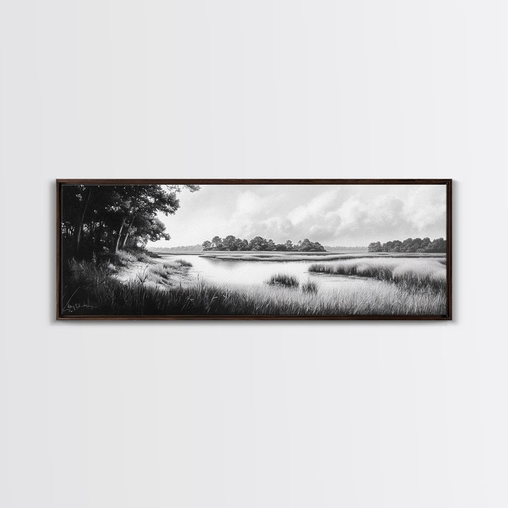 Marsh Scene, Grassy Shore, Tree Lined Path, Canvas Print, Nature Landscape Art, Rustic Cabin Decor, Peaceful Living Room Style
